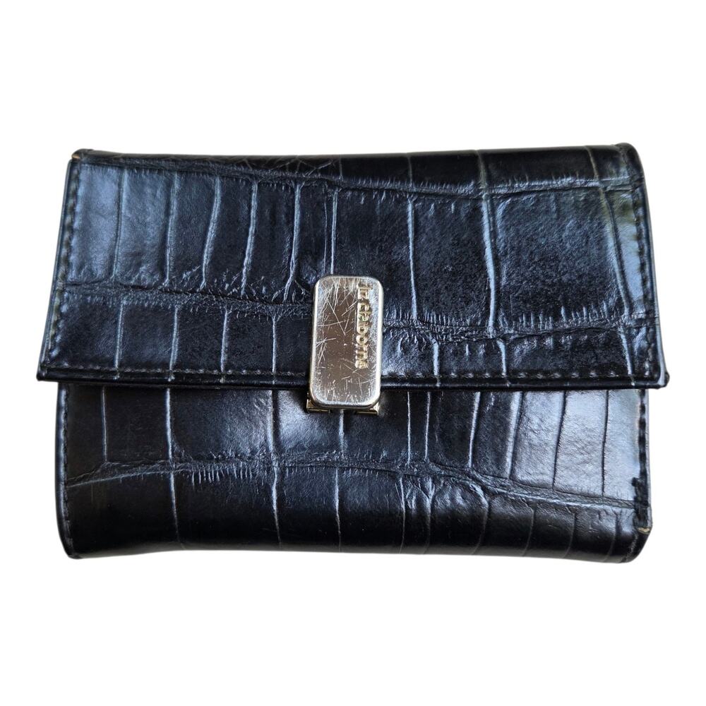 Liz Claiborne Womens Black Faux Leather Crocodile Print Card Holder Wallet Bag